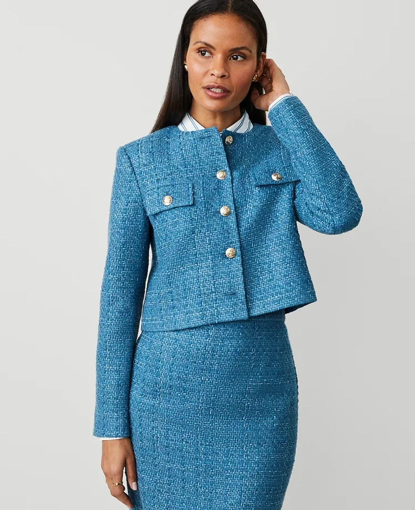 Ann Taylor Tweed Crew Neck Jacket Balmy Blue Women's