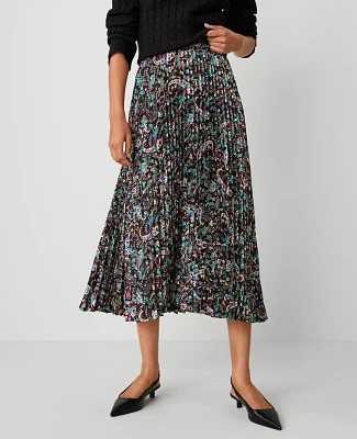 Ann Taylor Petite Paisley Pleated Midi Skirt Black Women's