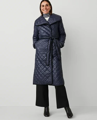 Ann Taylor Weekend Collection Quilted Drape Collar Belted Puffer Coat Night Sky Women's
