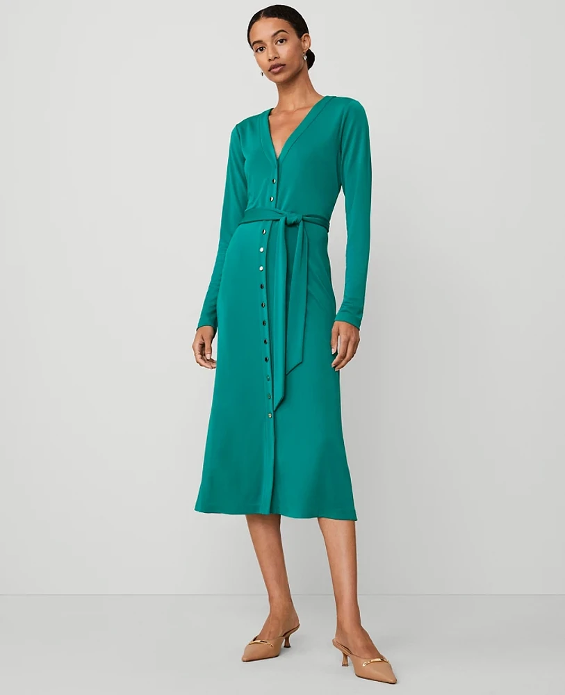 Ann Taylor Petite Button V-Neck Flare Knit Midi Dress Green Marais Women's
