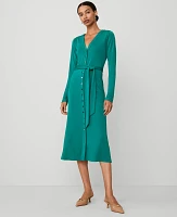 Ann Taylor Petite Button V-Neck Flare Knit Midi Dress Green Marais Women's