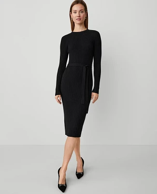 Ann Taylor Petite Ribbed Belted Column Sweater Dress Black Women's
