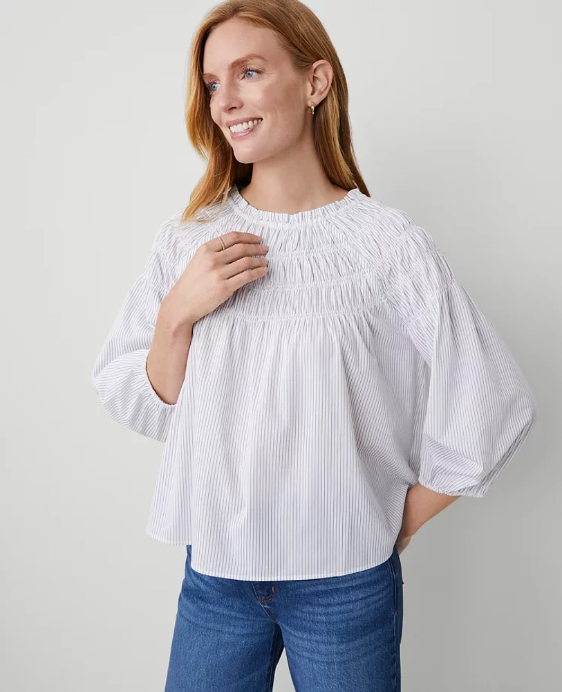 Ann Taylor Striped Smocked Shoulder Top Women's