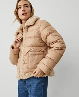 Ann Taylor Petite Weekend Collection Faux Fur Trim Puffer Jacket Cafe Au Lait Women's