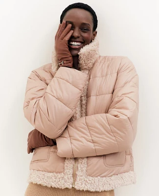 Ann Taylor Petite Weekend Collection Faux Fur Trim Puffer Jacket Cafe Au Lait Women's