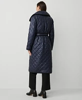 Ann Taylor Petite Weekend Collection Quilted Drape Collar Belted Puffer Coat Night Sky Women's