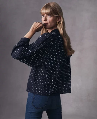 Ann Taylor Petite Jeweled Mock Neck Top Night Sky Women's