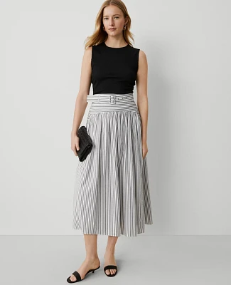 Ann Taylor Striped Belted Yoke Midi Skirt Black Women's
