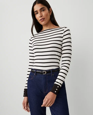 Ann Taylor Striped Snap-Cuff Top Size 2XL Winter White - Black Women's
