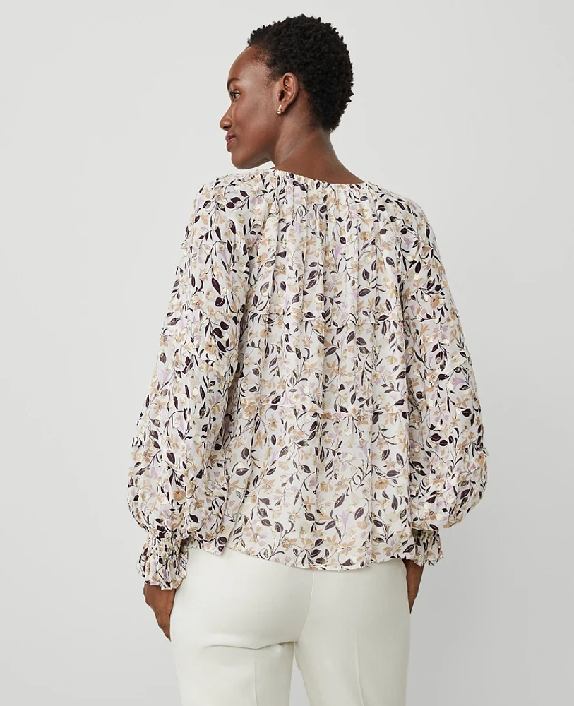 Ann Taylor Floral Clip Split Neck Popover Top Winter Whtie Women's