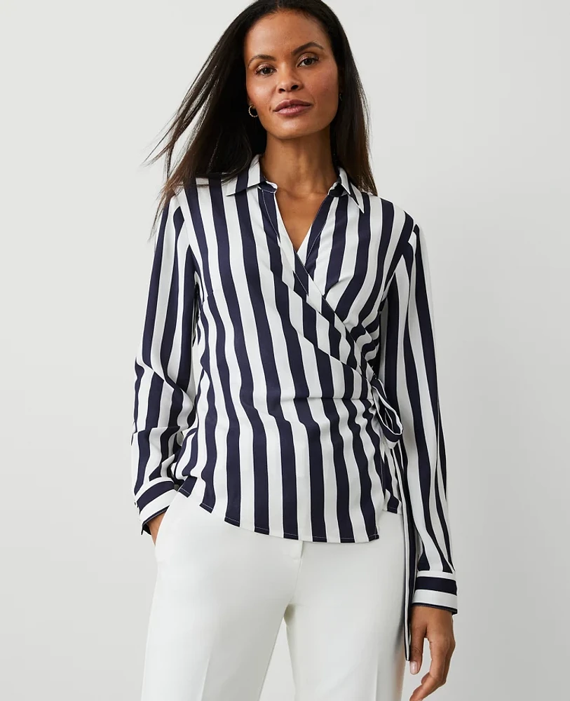 Ann Taylor Striped Collared Wrap Blouse Size XS Night Sky Women's