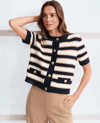 Ann Taylor Striped Textured Sweater Jacket Size Medium Navy/White Women's