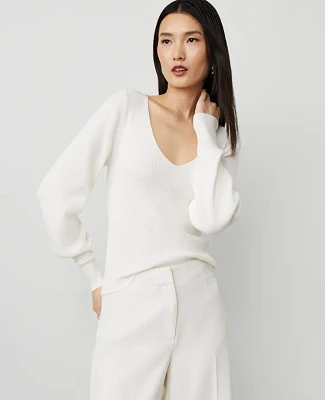 Ann Taylor Petite Puff-Sleeve V-Neck Sweater Size XL Winter White Women's