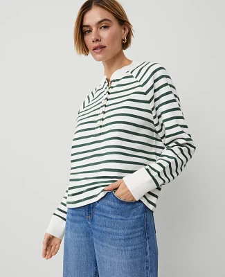 Ann Taylor Weekend Collection Striped Henley Sweatshirt Size XS Dried Cilantro Women's