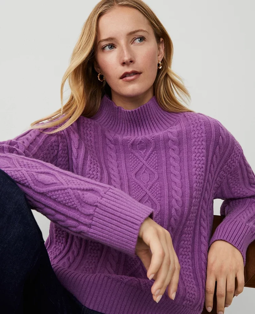 Ann Taylor Mixed Cable Mock Neck Sweater Size XL Purple Monarch Women's