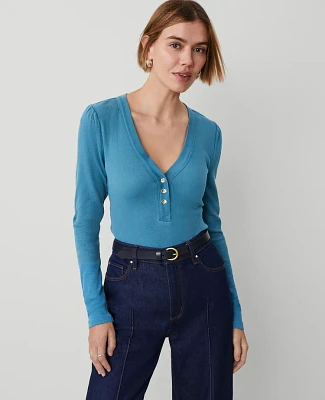 Ann Taylor Petite Weekend Collection Puff Sleeve Henley Top Blue Women's