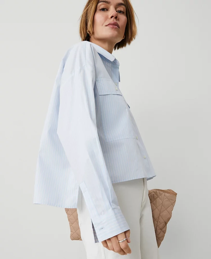 Ann Taylor Petite Weekend Collection Striped Oversized Cropped Pocket Shirt Blue Quartz Women's