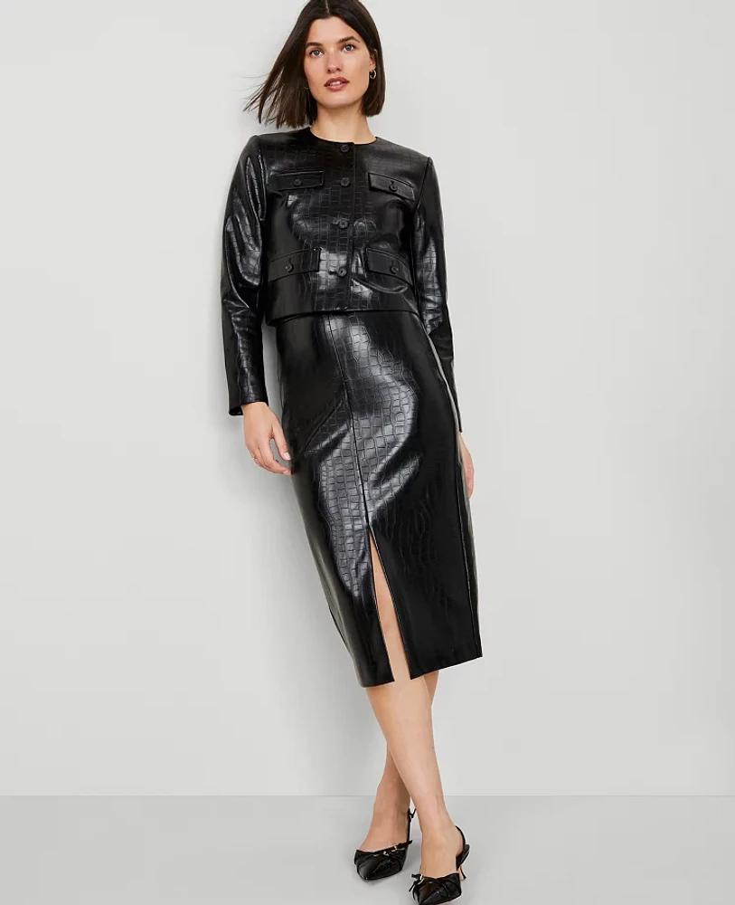Ann Taylor Petite Embossed Faux Leather Pencil Skirt Black Women's