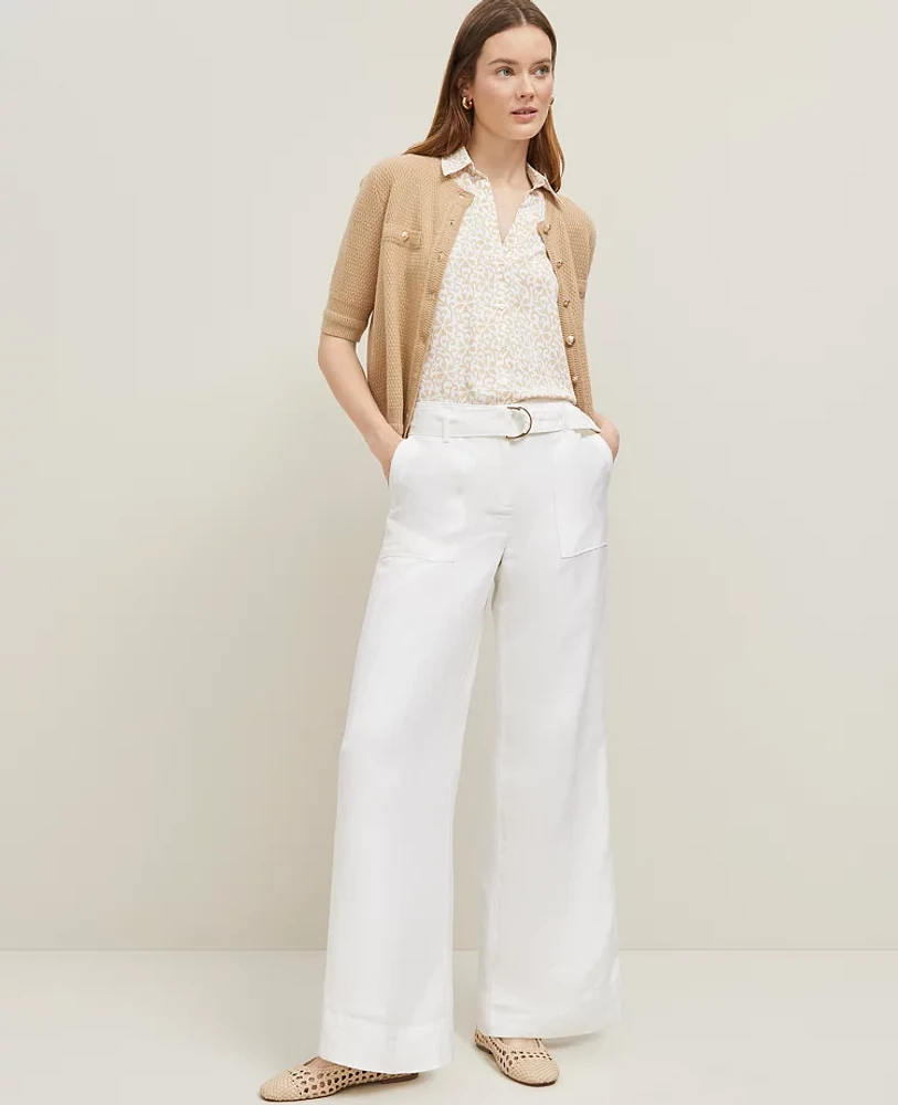 Ann Taylor The Belted Wide-Leg Pant Linen Blend White Women's
