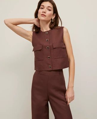 Ann Taylor Linen Blend Patch Pocket Vest Rich Walnut Women's