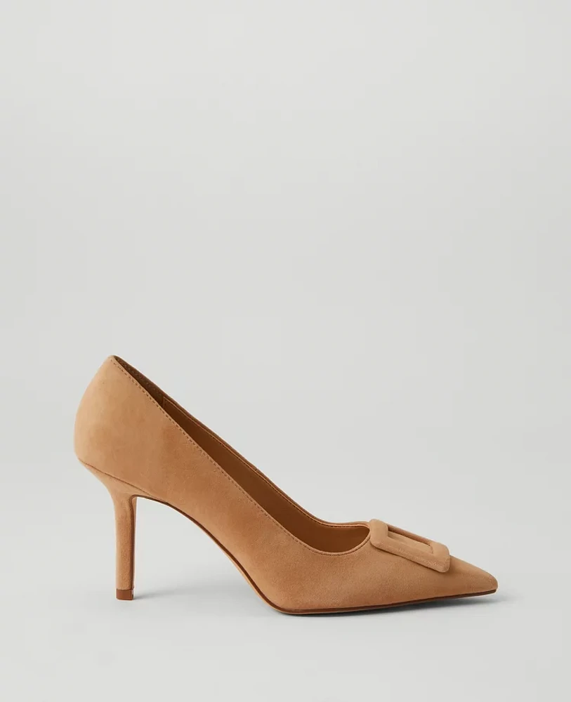 Ann Taylor Buckle Pointy Toe Suede Pumps Size 10 Cappuccino Tan Women's