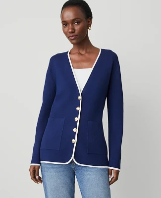 Ann Taylor Tipped V-Neck Sweater Blazer Royalty Blue Women's