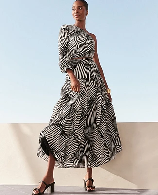 Ann Taylor Tiered Full Skirt Palm Print Black Women's