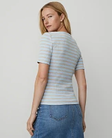 Ann Taylor Petite Weekend Collection Striped Ribbed Henley Top Freesia Blue Women's