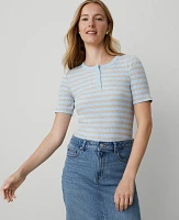 Ann Taylor Petite Weekend Collection Striped Ribbed Henley Top Freesia Blue Women's