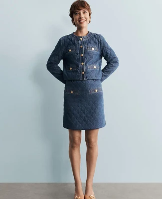 Ann Taylor Petite Quilted Denim Skirt Size 2 Mid Indigo Wash Women's