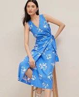 Ann Taylor Floral Linen Blend V-Neck Wrap Dress Maritime Blue Women's