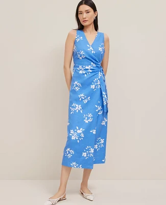 Ann Taylor Floral Linen Blend V-Neck Wrap Dress Maritime Blue Women's