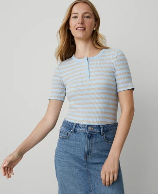 Ann Taylor Weekend Collection Striped Ribbed Henley Top Size XS Freesia Blue Women's