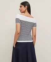 Ann Taylor Textured Off-The-Shoulder Sweater Navy/White Women's