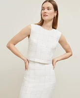 Ann Taylor The Button Back Cropped Top Windowpane Linen Blend White/Black Multi Women's