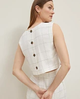 Ann Taylor The Button Back Cropped Top Windowpane Linen Blend White/Black Multi Women's