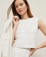Ann Taylor The Button Back Cropped Top Windowpane Linen Blend White/Black Multi Women's