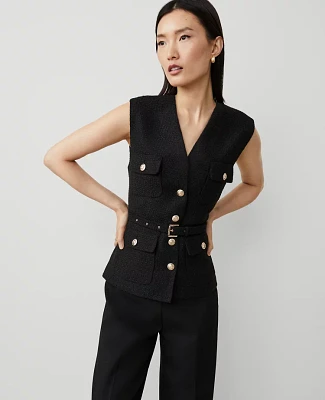 Ann Taylor Petite Tweed Belted Vest Size 14 Black Women's