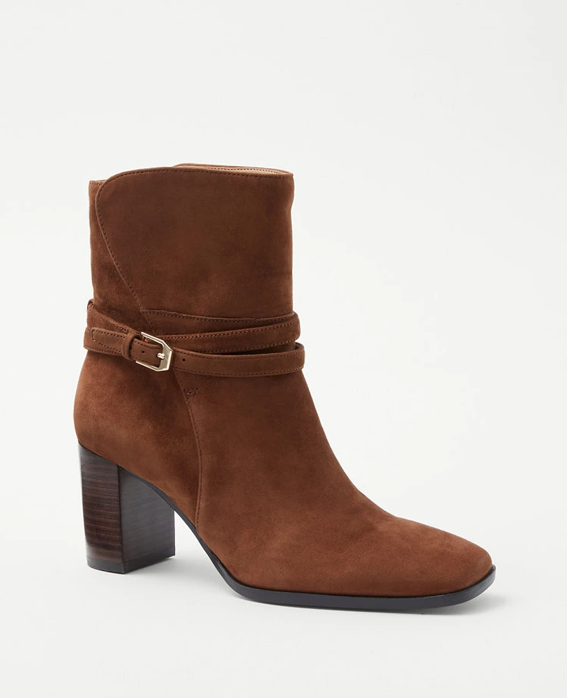 Ann Taylor Wraparound Buckle High Block Heel Suede Boots Size 5 1/2 Dark Maple Women's
