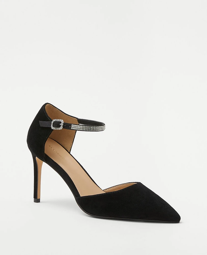 Ann Taylor Crystal Ankle Strap Suede Pumps Black Women's