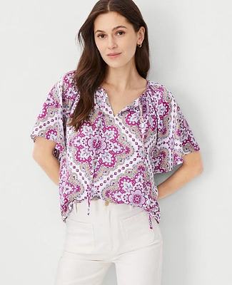 Ann Taylor Tile Flounce Sleeve Popover Top Size XS Magenta Shadow Women's