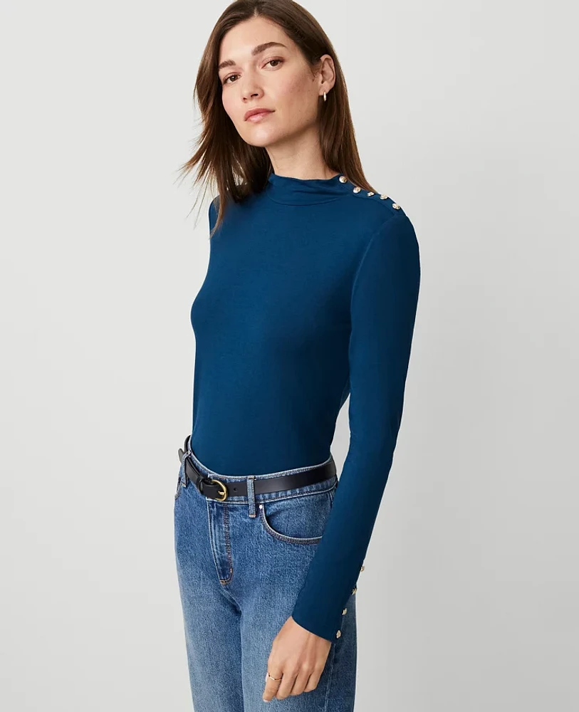 Ann Taylor Mock Neck Button Top Size 2XS Sea Storm Women's