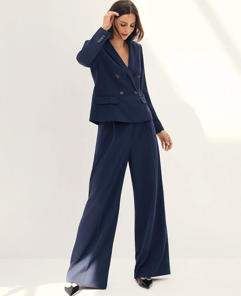 Ann Taylor The Pleated Wide-Leg Pant in Textured Drape Size 14 Navy Women's