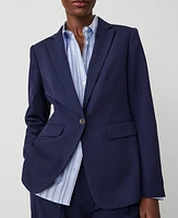 Ann Taylor The Long One Button Notched Blazer Textured Drape Navy Women's