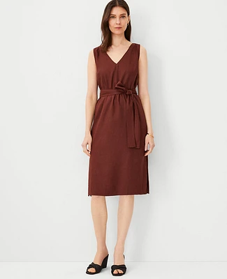 Ann Taylor Petite Linen Blend Belted V-Neck Sheath Dress Size 00 Brown Stone Women's