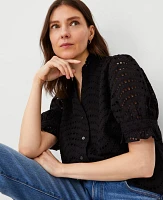 Ann Taylor Petite Eyelet Ruffle Button Top Size 2XS Black Women's