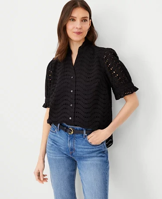 Ann Taylor Petite Eyelet Ruffle Button Top Black Women's