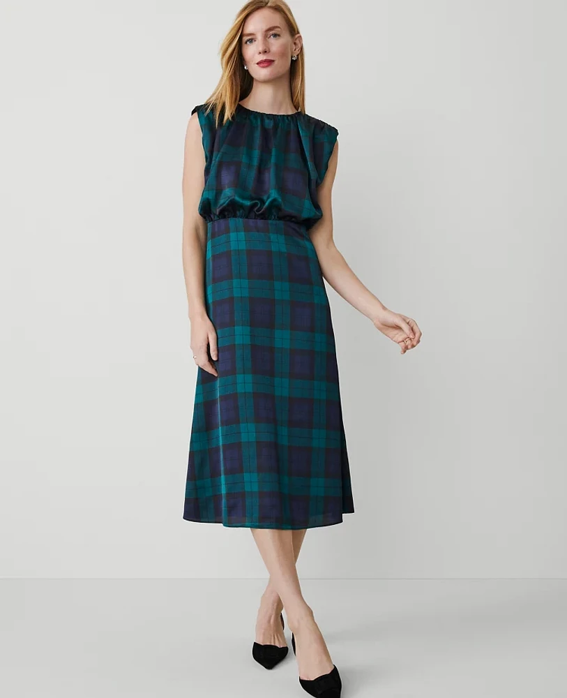 Ann Taylor Tartan Cap Sleeve Midi Dress Size 0 Rainforest Women's