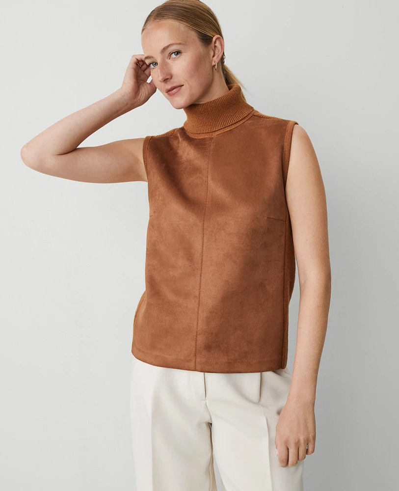 Ann Taylor Faux Suede Mixed Media Turtleneck Sweater Size XS Sahara Women's