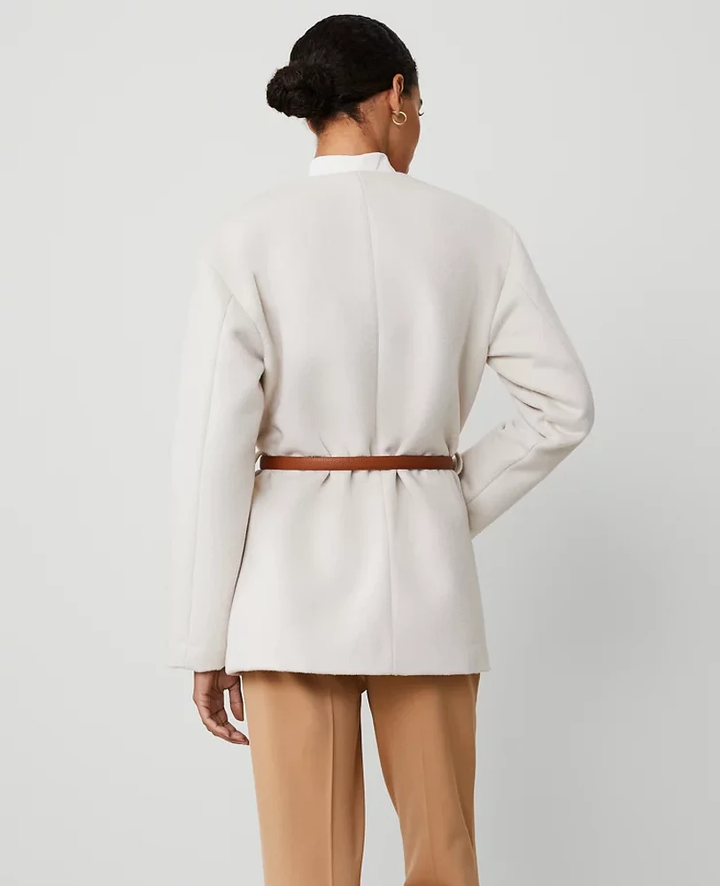 Ann Taylor Petite Crew Neck Belted Coat Size Large Sand Shell Women's